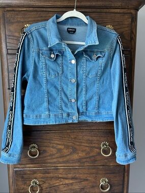 bebe Light Blue Denim Jacket with Black Branded Sleeve Tape, Size L